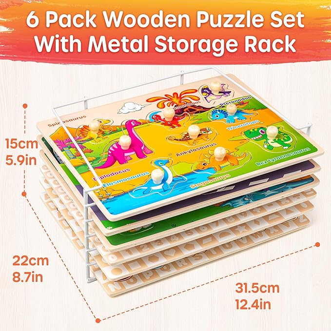 SYNARRY Wooden Puzzles for Toddlers 1-3, 6XSET Puzzles for Toddlers 2-4 with Rack, Learning Alphabet Number Shape Animal Dinosaur Vehicle, Toddler Easter Basket Stuffers Gifts Toys for Boys Girls