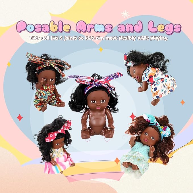 Hanaive 10 Pcs 4 Inch Mini Baby Dolls Lifelike Realistic Tiny Baby Dolls with Animal Clothes Cute Infant Figurine Gifts Set for Toddlers Girls Kids 3+ Easter Graduation Birthday(Dark Skin Style)
