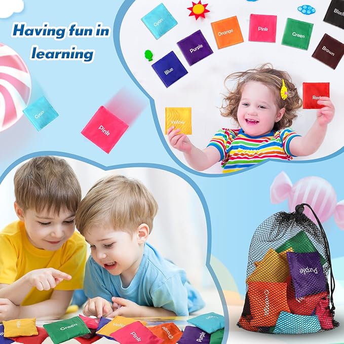 Sotiff 20 Pcs Small Bean Bags for Tossing Educational Cornhole Bags Bulk Mini Educational Learn Colors Toss Toy Cornhole Game Throwing Sack for Outdoor Indoor Hand Toss Sports Activities(Words)