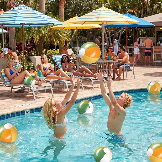 Realspring 12 Pcs Inflatable Beach Balls Kids Bulk Matcha Green Stripe Jumbo Big Beach Balls Pool Floating Toys for Adults Water Games Forest Hawaiian Birthday Summer Swimming Party Decor(12.5 Inch)