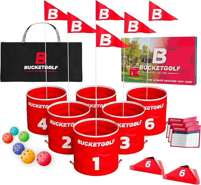 bucketgolf Game The Original Ultimate Backyard Lawn Golf Game for Family, Adults and Kids - Portable 6 Hole Golf Course Play Outdoor, Lawn, Park, Beach, Yard.