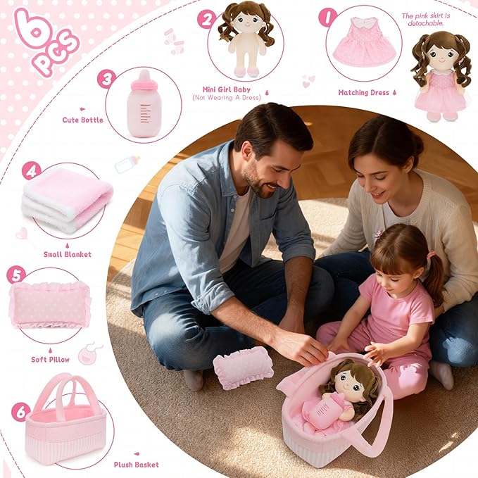 Tezituor Baby Doll Playset with Carrier Bassinet Bed,Baby Doll Accessories with Dolls, Portable Feeding and Caring Set,Babies Pretend Play Toy Set,Baby Doll Care Toys Gifts for Kids Girls