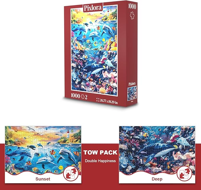 PixloraJigsaw Puzzles for Adults 1000 Pieces - 2-Pack Dolphin Sunset & Deep Sea Puzzle, Puzzle 1000 Pieces, Difficult Jigsaw Puzzles, Vibrant Ocean Art Gift