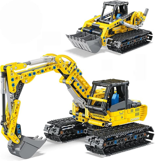 2-in-1 Excavator & Bulldozer Building Kit - 399 Pieces STEM Educational Construction Toys for Kids, Creative Birthday Gift Idea