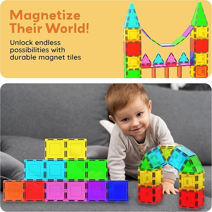 PicassoTiles Magnetic Building Block Magnet Tile Construction Kit for Kids Educational STEM Learning Playboard Pretend Play Toy Stacking Shapes Brain Development Preschool Toddler Activity Set PTE04