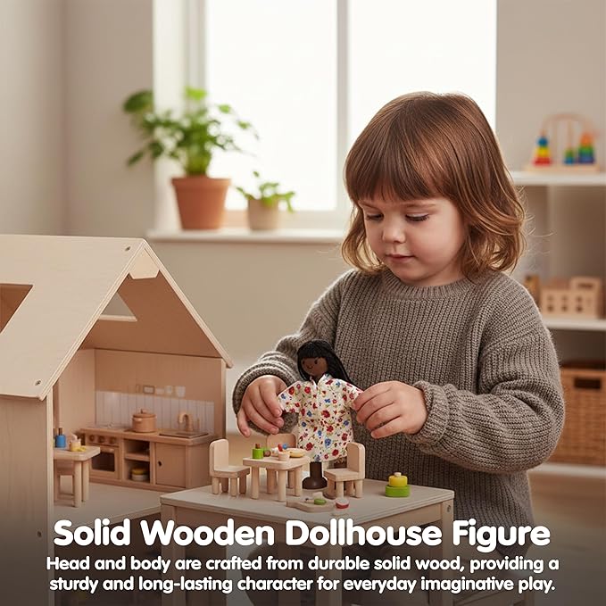 PlanToys® Mother Wooden Dollhouse Figurine | Poseable 1:12 Scale Mini Doll (5 Inch) | Dollhouse Accessories for Pretend Play | Eco-Friendly Montessori Toy for Kids Ages 3+