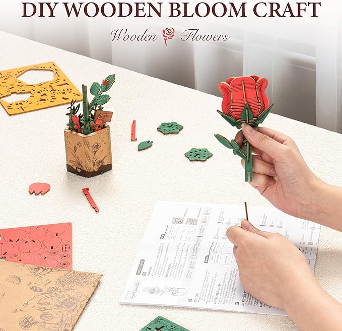 ROBOTIME Red Rose 3D Wooden Flower Puzzle, DIY Craft Kit for Adults, Everlasting Artificial Floral Bouquet, Creative Gift