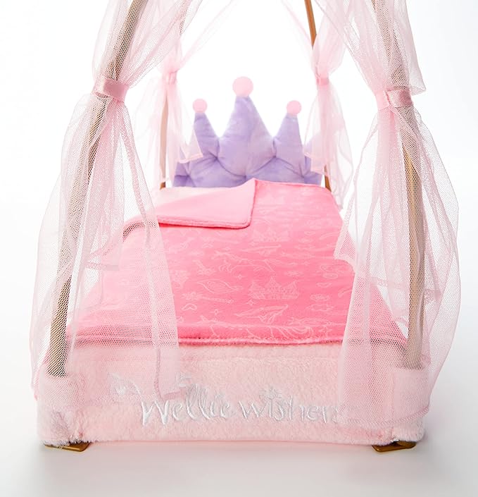 American Girl WellieWishers 14.5-inch Doll Royal Canopy Bed Playset with Mesh Drapes, Flag, and Blanket, For Ages 4+