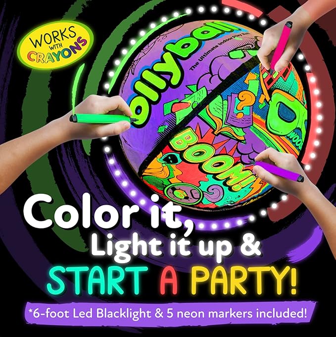 Ollyball NEW Glow Party! Glow in the Dark Inflatable Ball with LED Blacklight Strip and Five Glow Markers Included, Great Indoor Toy for Kids of All Ages!
