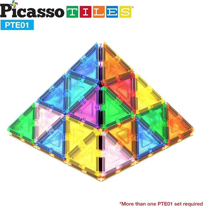PicassoTiles Magnetic Tiles Equilateral Triangle Magnet Tile Building Set STEM Educational Construction Blocks for Kids Toddlers Boys Girls Age 3 Plus Pretend Play Learning Toy Stacking Kit PTE01