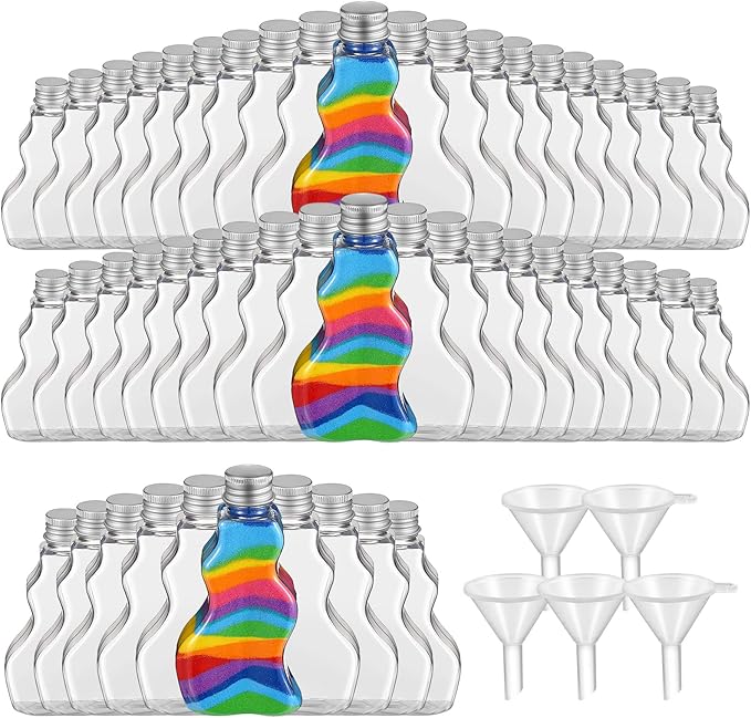 Nuenen 50 Pcs Sand Art Bottles Bulk with Funnels Plastic Wave Shaped Sand Art Containers for DIY Craft Party Supplies(Silver Lid)