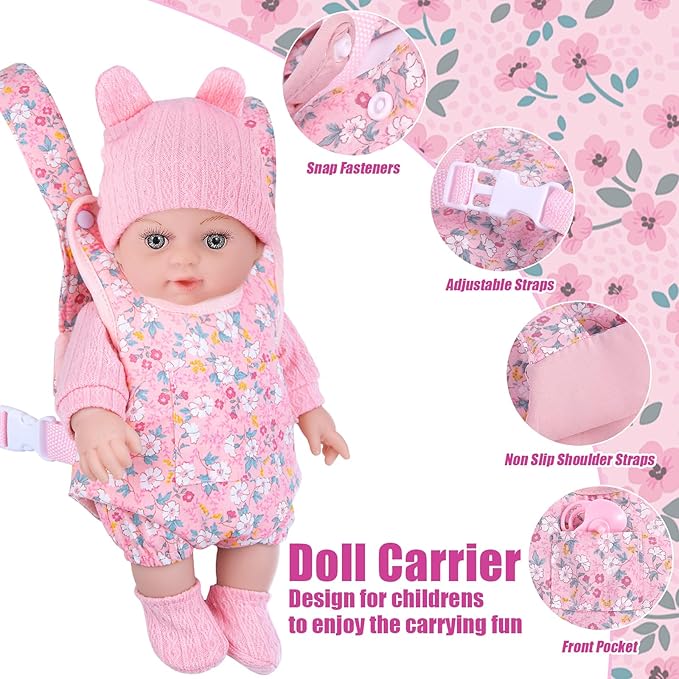 DOTVOSY 12" Baby Doll Set with Clothes and Baby Carrier for Dolls Reborn Baby Doll Accessories Include Feeding Bottles Nipple Toy Stuffs for Kids Age 3+