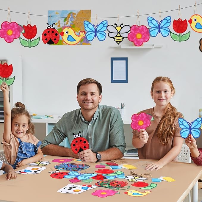 24 Sets Spring Crafts Kit DIY Flower Paper Crafts with Colored Tissue Paper Stickers Floral Bee Insect Butterfly Ornaments Suncatcher for Window Classroom Activity Project Party Gifts Home