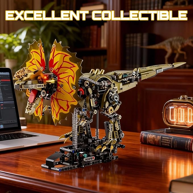 1277 Pcs Mechanical Dilophosaurus Building Blocks Set Steampunk Dinosaur Model with LED Eyes and Manual Linkage Robot STEM Display Gift for Adults& Teens