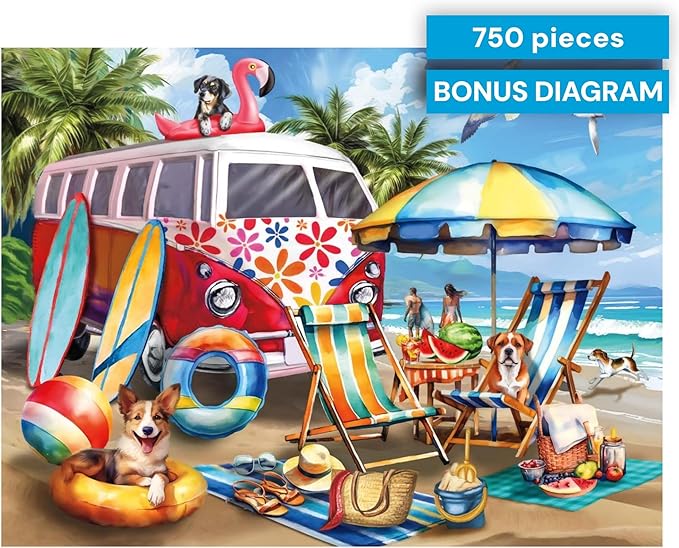 Buffalo Games – Dog Days of Summer by Tom Wood 750 Piece Jigsaw Puzzle for Adults – Precision-Cut Pieces, Beautiful Artwork, and Hours of Relaxing Fun - Relaxing Beach Day with The Family Pet