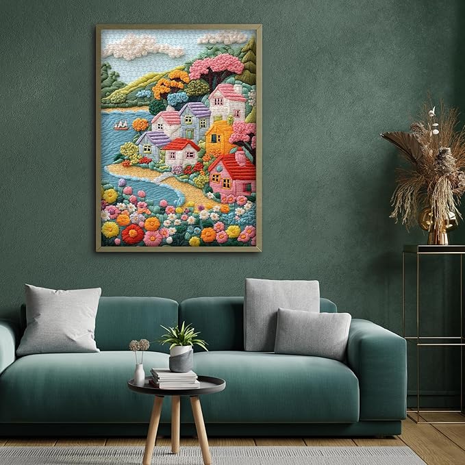 Embroidery Village Jigsaw Puzzle 1000 Pieces, Seaside House Scenery Puzzles for Adults, Beach Coastal Landscape Puzzles with Flower Tree Sailboat, Colorful Village Floral Wall Decor