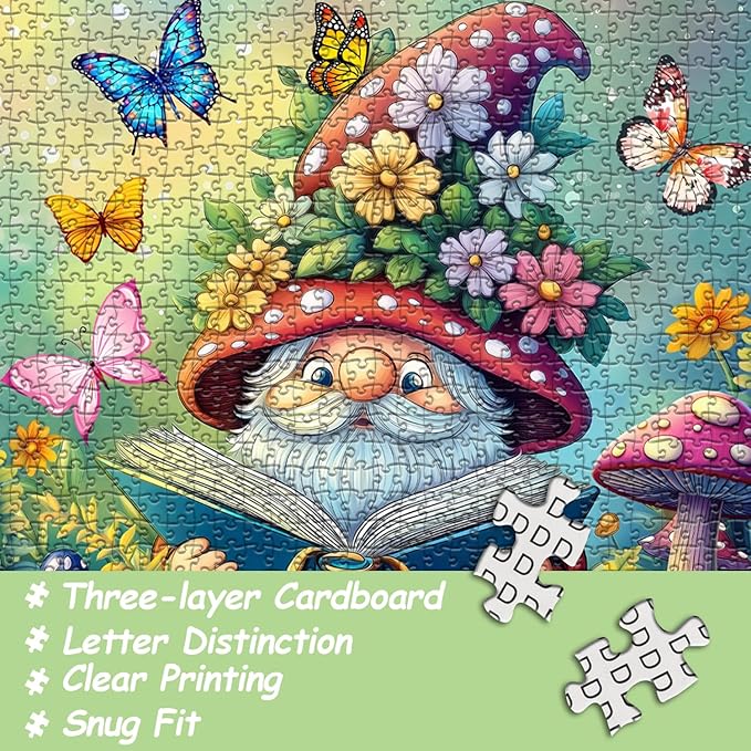 Funny Gnomes Puzzles for Adults 1000 Pieces, Nature Mushroom Butterfly Garden Themed, Cute Spring Gnome Flower Jigsaw Puzzles Challenge