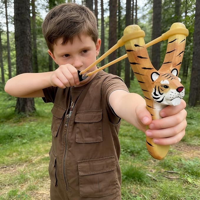 LINJAY Wooden Slingshot for Kids with Tiger Design, Colorful Pom - Poms & Ammo Balls