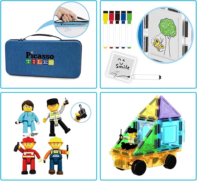 PicassoTiles 100PC Magnetic Tiles Construction Building with Carrying Case Included Block Set with Car, 8 Sets of Characters and Base Whiteboard Marker Playset Toy Kit for Boys & Girls Ages 3+ PB01
