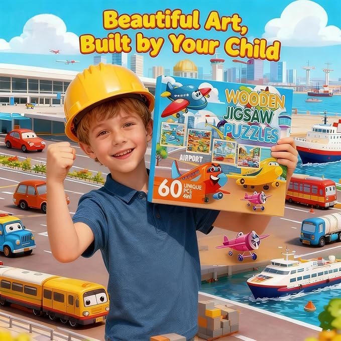 Wooden Puzzles for Kids Ages 5-8, Set of 4 Packs with 60 Pieces Wood Jigsaw Puzzles, Vehicle Theme Educational Toys Birthday Gifts for Kids 4 5 6 7 8 9 Years Old (Vehicle 60 Pieces)
