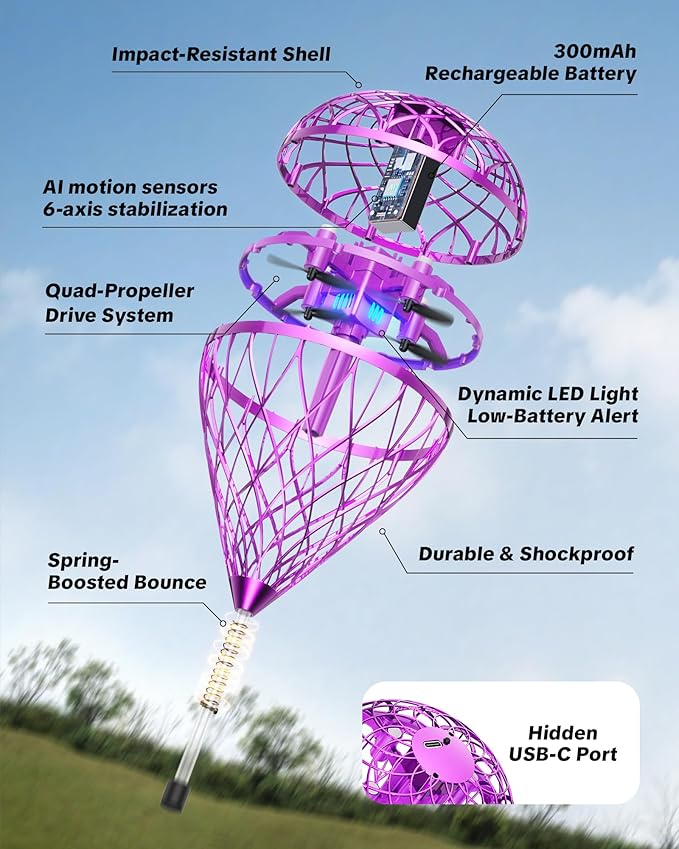 Flystars Flying Bouncing Toys, Next-Gen Pro 2025 Cosmic Globe Flying Orb Ball Motion-Control Hover Spinner with 3D Flips, Cool Interactive Gift Toy for Kids 6+ Boys Girls Teens(Purple-S)