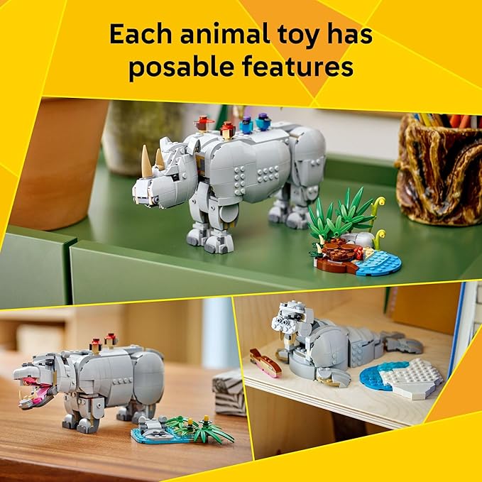 LEGO Creator 3 in 1 Wild Animals: Majestic Rhino - Building Toy for Boys & Girls, Ages 9+ - Gift for Easter Baskets - Kids Bedroom and Desk Decor - Build Rhino, Hippo, or Walrus - 31171