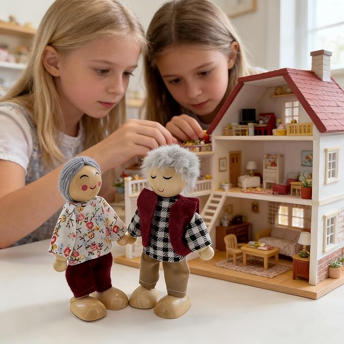 HYSTYLE 12 Pieces Wooden Dollhouse Family Set with Dog Cat Mini People Figures Dollhouse Dolls Wooden Doll Family Pretend Play Figures Accessories for Pretend Dollhouse (Style 4)