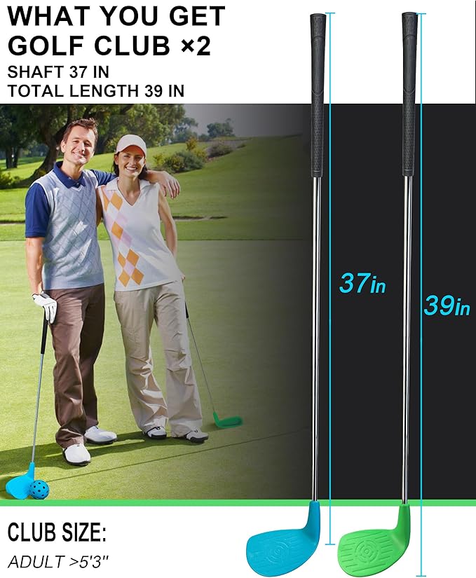 KOFULL Golf Clubs with Oversize Plastic Head, Extra Long Steel Shaft 37" for Golf Yard Game,2 Right-Handed Clubs for Backyard Games Adults, Hit Plastic/Foam Balls in Grass, Parks, Sands