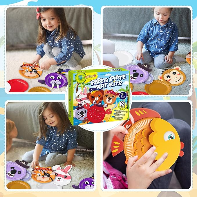 V-Opitos Arts and Crafts Kits for Kids, 12 Pack Paper Plate Crafts, Simple Animal Crafts for Toddler Age of 3, 4, 5 Years Old, Fun Preschool Classroom Activity Project for Boy & Girl