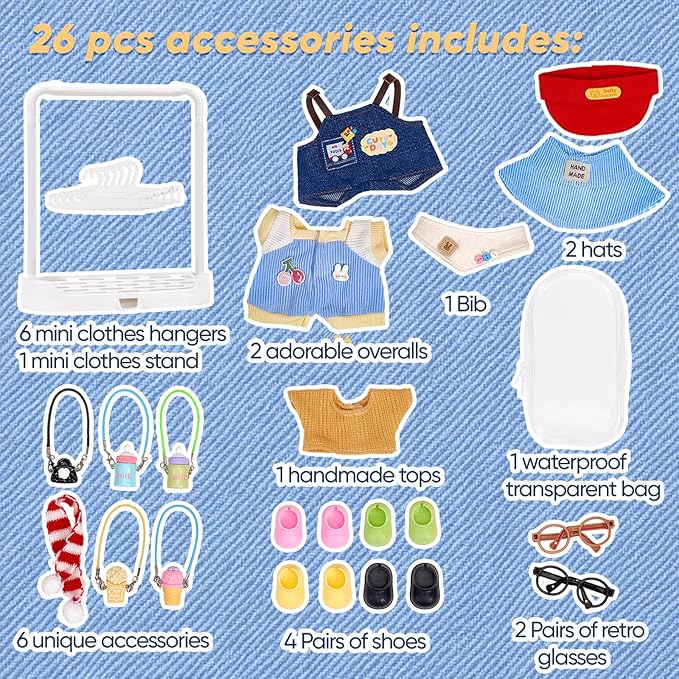 Doll Clothes and Accessories for Labubu Clothes 4 Pairs of Shoes 2 Pairs of Glasses 1 Hanger 1 Dust Bag 4 Decorative Pendants and 2 Hats for 17cm Labubu Outfits (No Doll)