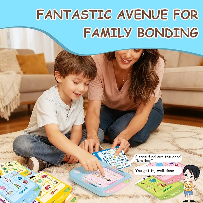 Interactive Educational Learning Tablet Toy for Kids,Screen-Free Phonics Learning Toy with 30 Flash Cards for Alphabets, Numbers, Words, Animals, Learn to Read for Boys Girls 3-5 Years Old, Blue