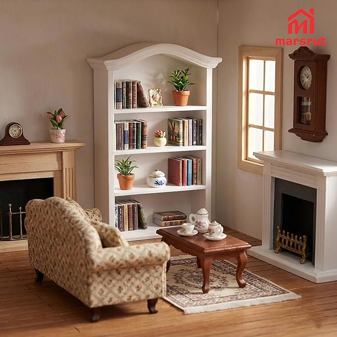 Dollhouse Bookcase 1:12 Scale Miniature Mini Bookshelf Doll House Book Shelves for Small Items Accessories Furniture Wooden 4 Floors Display Cabinet Decoration Home Bedroom, White