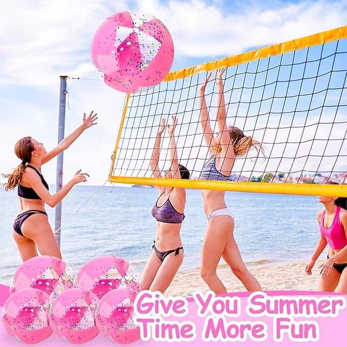 TURNMEON 5 Pcs Glitter Beach Balls, Jumbo 24 Inch & 16 Inch Sequins Pink Inflatable Beach Balls for Kids Toddlers Adults Summer Pool Balls Beach Toys Outdoor Pool Party Favors
