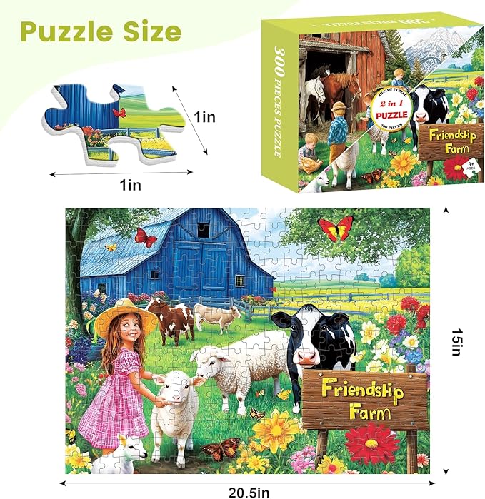 2-Pack 300 Pieces Puzzles for Adults, Friendship Farm Puzzles 300 Pieces, Warmth Childhood Scene Jigsaw Puzzles, Countryside Jigsaw Puzzle Challenging Game Home Decor Birthday Party Gift 20.5 X 15 in