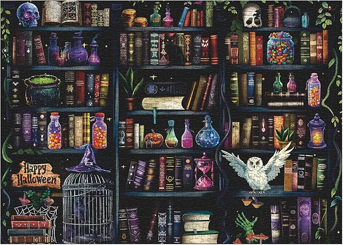 Magic Book Library Puzzles for Adults 1000 Pieces, Funny Halloween Bookshelf Jigsaw Puzzle, Difficult Bottle Owl Art Puzzles