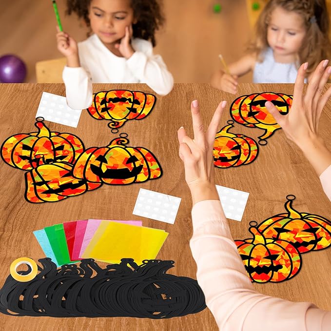 32 Sets Fall Halloween Pumpkin Suncatchers Craft Kit DIY Window Stained Glass Effect Halloween Pumpkin Paper Craft Home School Classroom Decoration Kid Birthday Gift Creative Art Project Activity Game