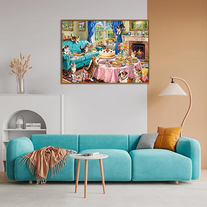 500 Piece Jigsaw Puzzle for Adults Whimsical Tea Party with Kittens Bulldog Cozy English Living Room Scene Challenging Paper Puzzle for Cat Lovers Game Nights Home Decor