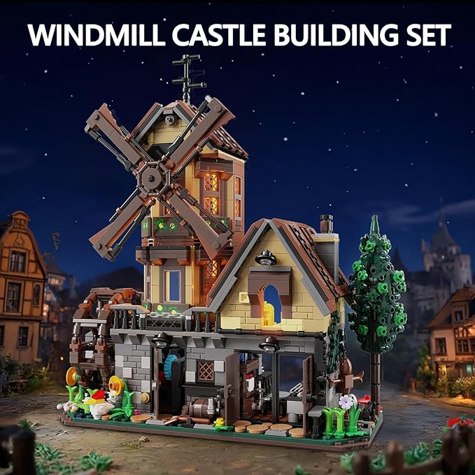 Wood Cabin Building Set with Light, Mechanical Farm House Building Block Toys with Rotating Windmill Waterwheel Castle Architecture Model Set 1436 Pcs for Adults Teens Kids Boys Girls 10-12+