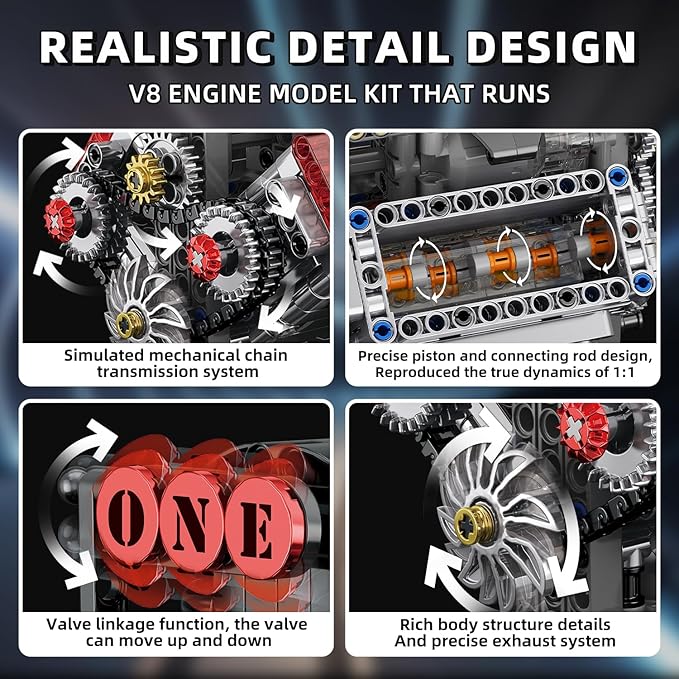 V8 Engine Building Set,V8 Engine Model kit that Run,Build Your Own STEM Mini V8 Model Engine Kit with Battery and Motor,8-Cylinder Car Engine Building Engineering Toys for Kids Adults(478PCS)