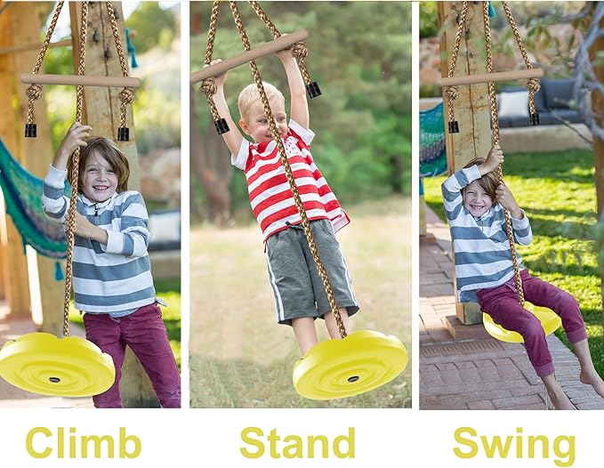 KINSPORY Disc Swing for Kids, Swing Set Accessories, 7FT Height Adjustable Gym Monkey Bars, Hanging Tree Seat for Backyard, Outdoor Play Equipment (Yellow)