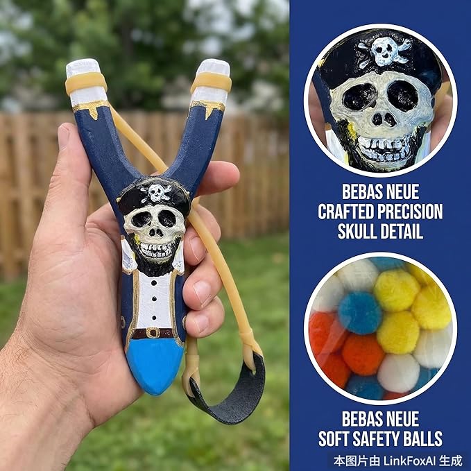 LINJAY Wooden Slingshot for Kids – Handmade Pirate Skull Toy with Extra Bands, Clay Balls & Soft Pom Poms for Outdoor Fun