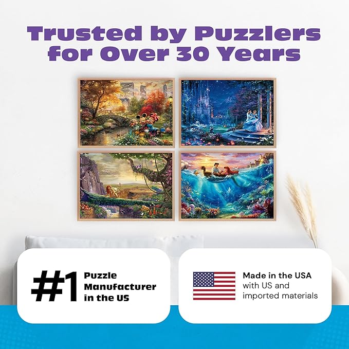 Ceaco - 4 in 1 Multipack - Thomas Kinkade - Disney Dreams Collection - Cinderella, The Lion King, Mickey and Minnie, & The Little Mermaid - (4) 500 Piece Jigsaw Puzzles , Blue