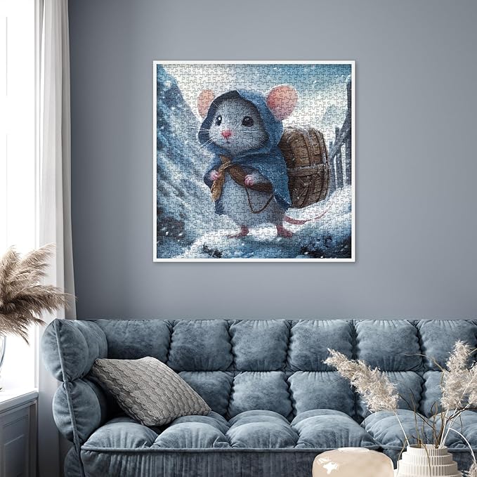 Funny Mouse Puzzles for Adults 1000 Pieces, Cute Winter Animal Art Jigsaw Puzzles, Difficult Aesthetic Challenging Snowy Puzzle