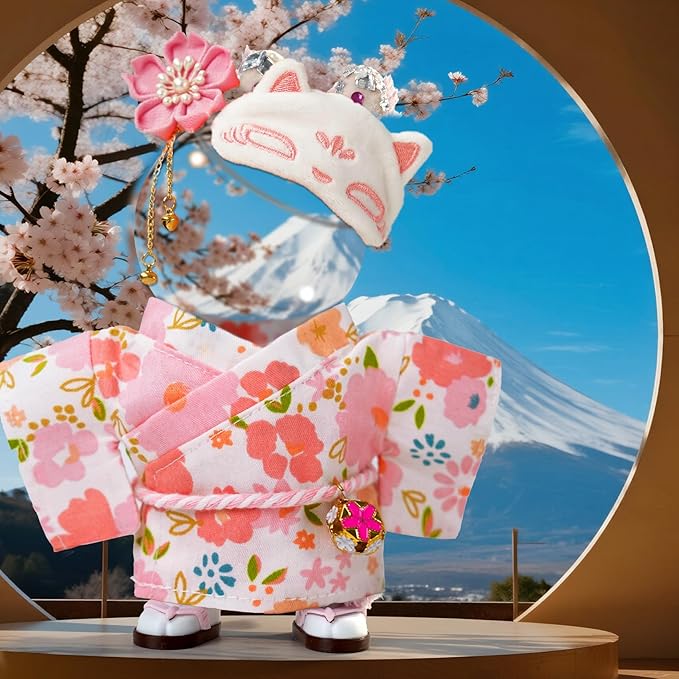 17cm Doll Clothes,Outfit Accessories Kimono Set for 6.7inch Dolls Girl, Kawaii Chic Style Flower Hairbow+Pink Clothing+Cute MasK+Shoes(NO Doll)