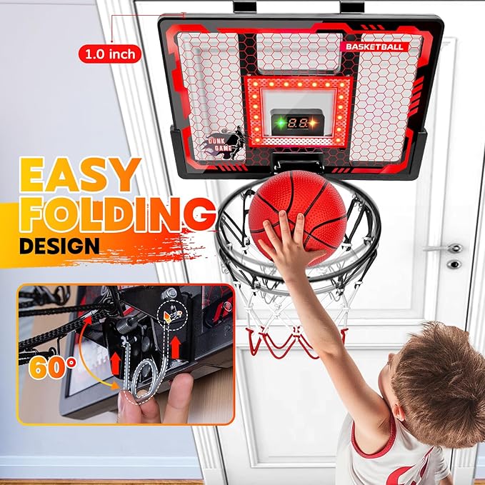 Indoor Basketball Hoop Pro for Kids, Over The Door Basketball Hoop with LED Light/Scoreboard/4 Balls- Upgraded Anti-Impact Backboard, Basketball Toys Gifts for 6 7 8 9 10 11 12 Year Old Boys
