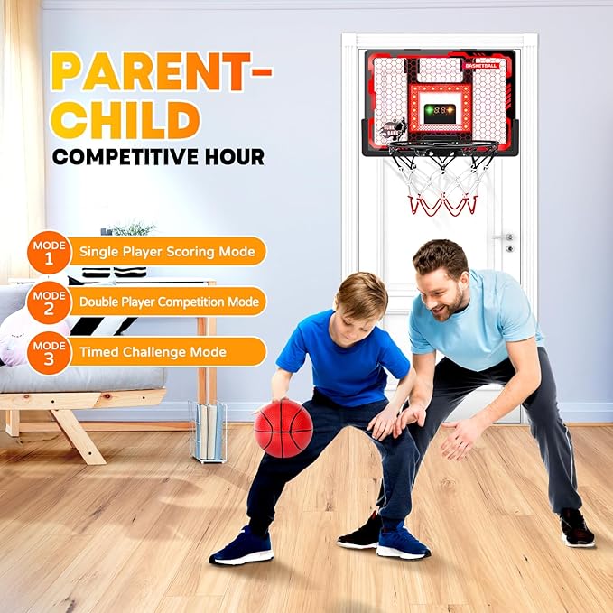 Indoor Basketball Hoop Pro for Kids, Over The Door Basketball Hoop with LED Light/Scoreboard/4 Balls- Upgraded Anti-Impact Backboard, Basketball Toys Gifts for 6 7 8 9 10 11 12 Year Old Boys