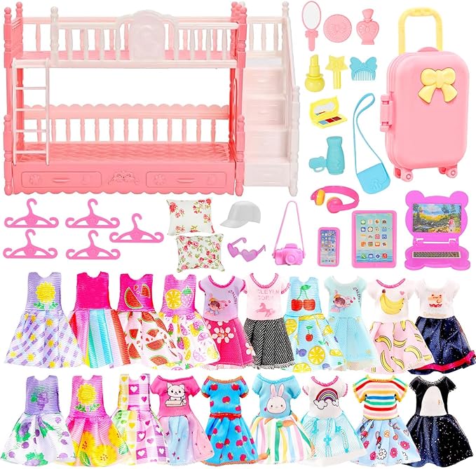 43 Pcs 18 Dresses and Accessories Mini Bunk Bed Travel Suitcase with 2 Pillows, 10 Hangers,1 Sunglasses, 1Headset, Pink Computer Set