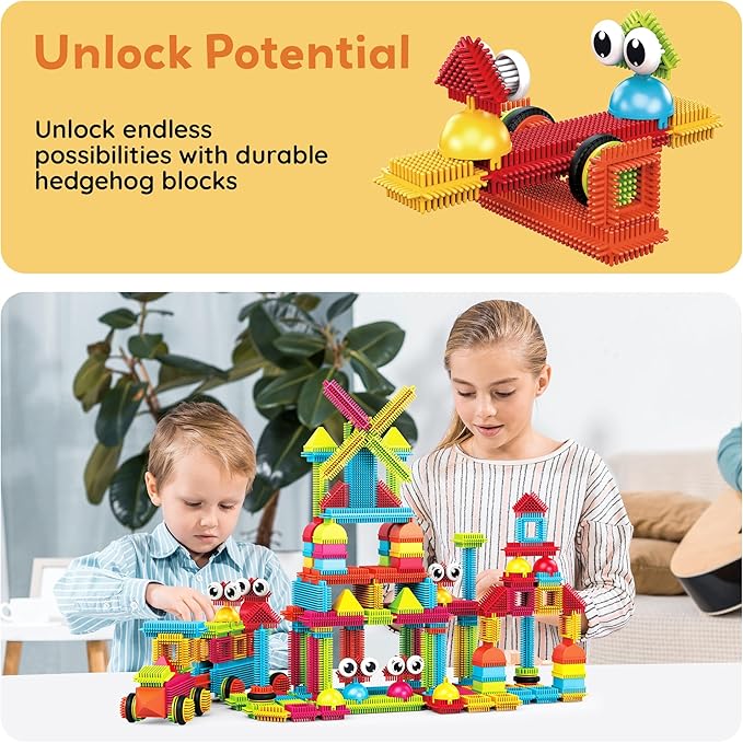 PicassoTiles 116pc Hedgehog Building Blocks Construction Toy Set with Interlocking Tiles Idea Book 4 Action Figure Characters and Decorative Eyes STEM Educational Playset for Kids Ages 3 Plus PTB116