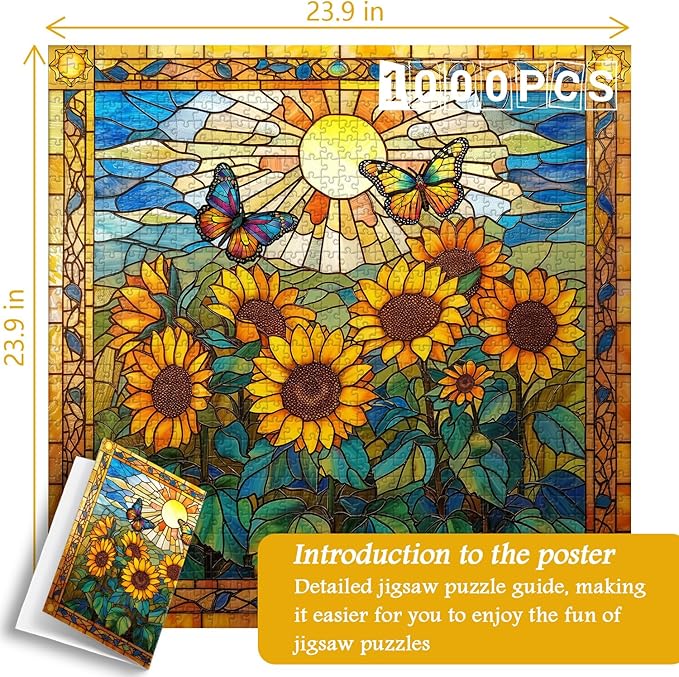 Stained Glass Puzzles for Adults 1000 Pieces and up, PICKFORU Sunflowers Puzzle as Home Decor, Butterfly Flower Puzzles as Home Decor