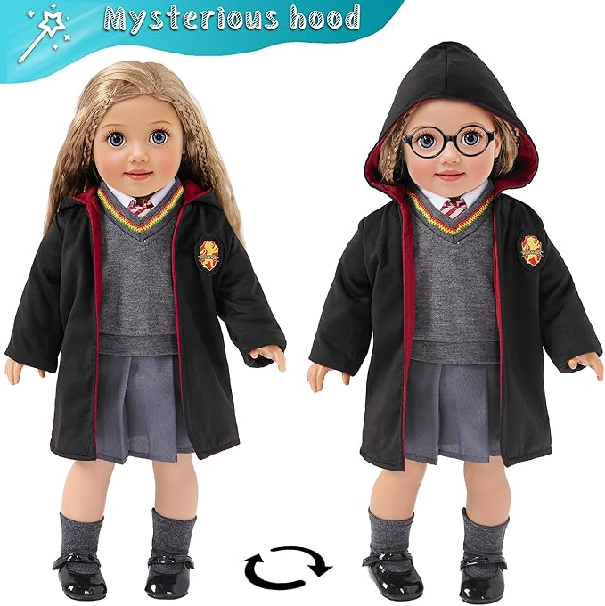 ebuddy 18 Inch Doll Clothes 10Pcs Magical School Outfit, Doll Costume with Wand & Glasses, Gift for Girls (No Doll)